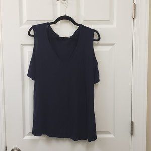Navy, Slinky, flowy, soft, cut out cold shoulder pull over tunic blouse, LG